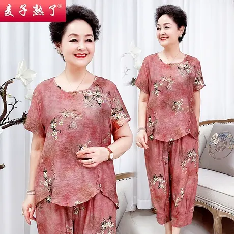 妈妈洋气套装两件上衣服中年女装夏装棉绸短袖T恤中老年女装大码商品大图