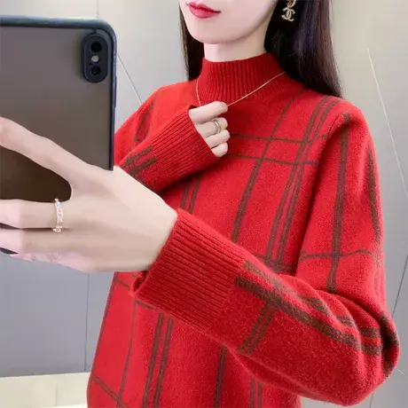 女装新品格子半高领毛衣女款2025新款秋冬爆款冬季针织打底衫上衣图片