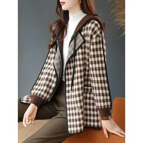 宝诗黎连帽假两件千鸟格外套2024春季新款设计感拉链开衫口袋上衣商品大图