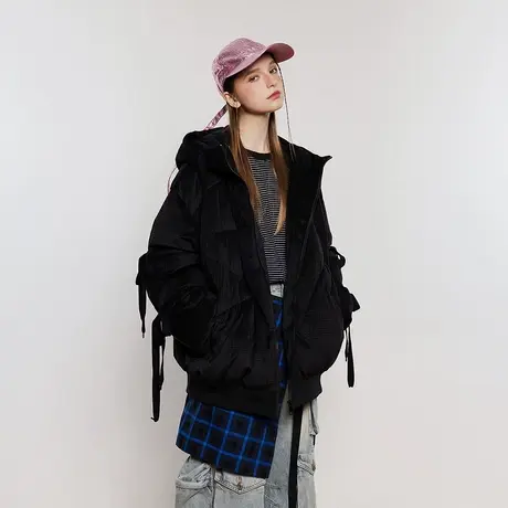 设计感纯色连帽棉服女冬季加厚外套2023新款复古宽松潮牌棉衣棉袄商品大图