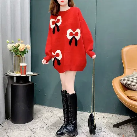 新年红色毛衣女中长款2021年新款秋冬宽松设计感洋气减龄打底上衣图片