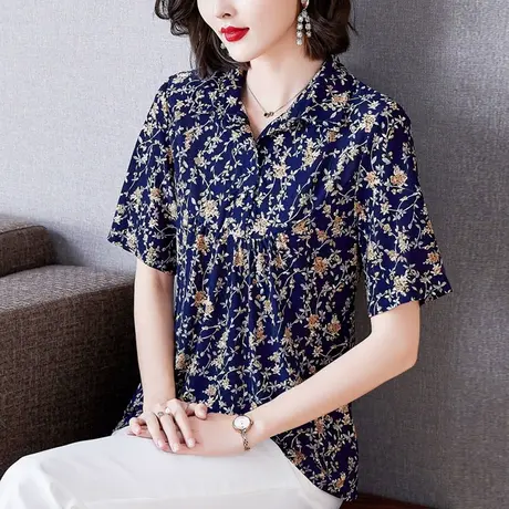 中老年女装妈妈装衬衣50岁短袖上衣薄款夏装2023新款雪纺印花小衫图片