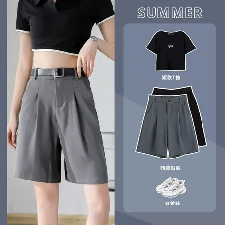 西装短裤女夏季薄款宽松港味直筒中裤黑色显瘦a字高腰阔腿五分裤图片