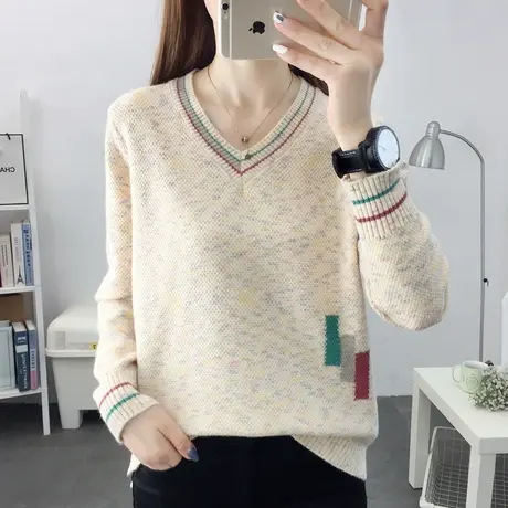 2022年秋装新款v领花纱毛衣女套头洋气宽松针织打底衫内搭上衣女商品大图