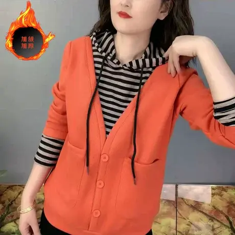假两件连帽卫衣女2023春秋冬装新款条纹洋气减龄中年加绒加厚上衣商品大图