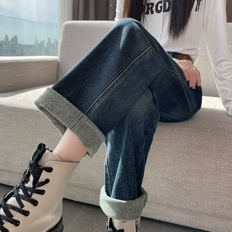 加绒牛仔裤女秋冬季复古做旧高腰直筒宽松显瘦厚薄绒拖地阔腿裤子商品大图