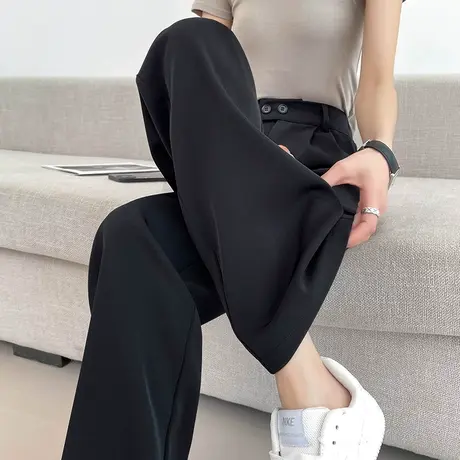 黑色西装阔腿裤女夏季薄款高腰垂坠感窄版直筒显瘦休闲冰丝拖地裤商品大图