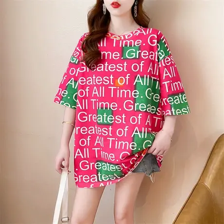 粉色字母中长款短袖T恤女2023夏季新款学生欧货大版宽松上衣ins潮图片