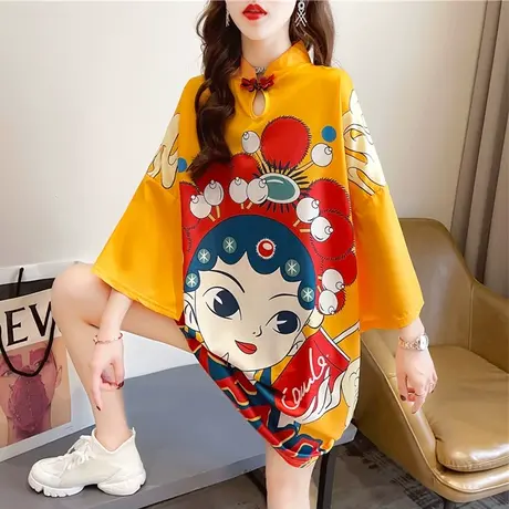 短袖t恤女夏季韩版宽松改良旗袍中长款中国风汉服仙气连衣裙子潮商品大图