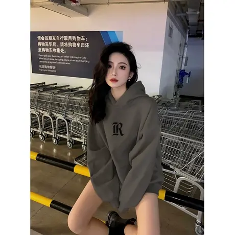 美式hiphop连帽卫衣女冬季时尚洋气情侣外套ins大码加绒加厚上衣商品大图