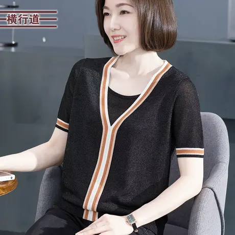 假两件拼色休闲宽松针织衫短袖打底衫中年圆领上衣半袖夏装黑色女商品大图