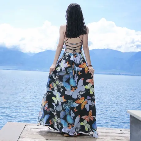 夏季越南芽庄旅游沙滩裙海边度假露背无袖吊带超仙雪纺连衣裙长裙图片