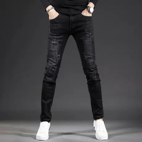 秋季高街破洞牛仔裤男修身小脚2023新款黑色潮牌潮流补丁男士裤子商品大图
