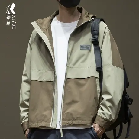 希越拼接撞色连帽夹克外套男秋冬宽松大码潮流工装风衣户外冲锋衣商品大图