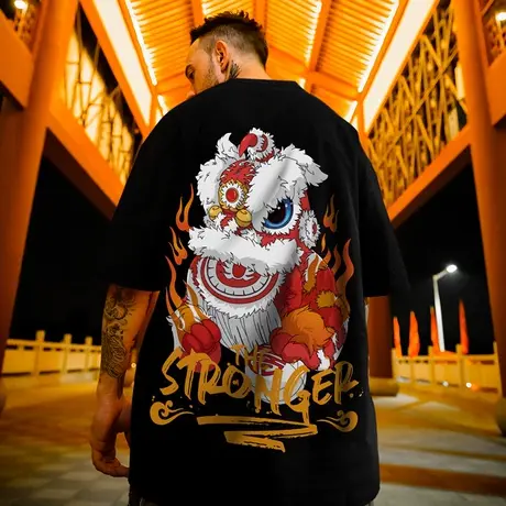 国潮中国风醒狮T恤男胖子潮牌短袖宽松加肥加大码半袖潮流五分袖图片