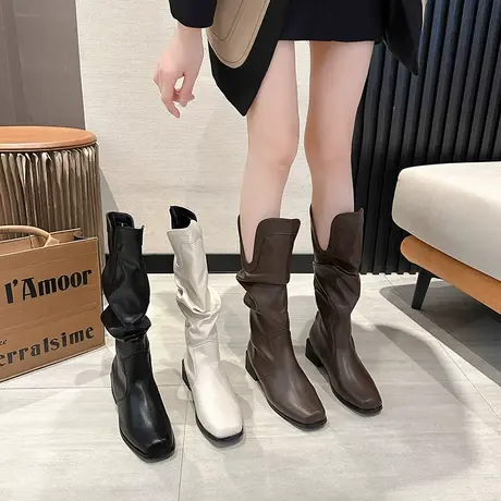 西部牛仔靴小香风女靴2023年新款夏季韩版不过膝骑士靴爆款堆堆靴商品大图