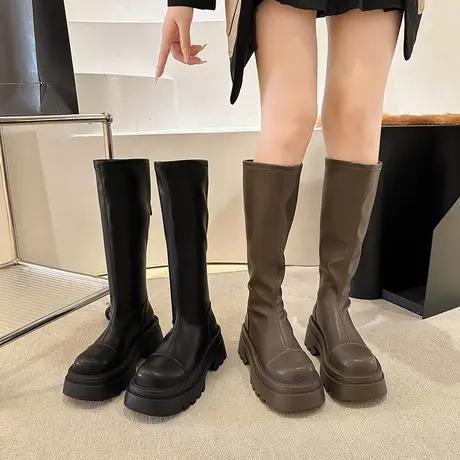 长筒靴女2023年春秋季新款高级气质洋气瘦瘦靴粗跟厚底增高骑士靴图片