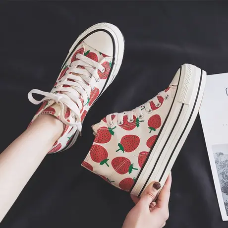 厚底内增高草莓帆布鞋女2023春季新款ulzzang高帮百搭韩版布鞋子商品大图