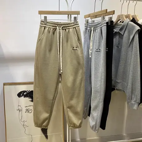 复古街头高腰抽绳阔腿裤女韩版加绒加厚冬季百搭宽松运动休闲长裤商品大图