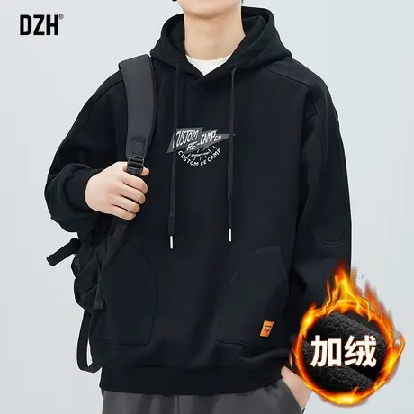 男生黑色加绒卫衣男连帽冬季加厚打底帽衫外套2024年新款潮牌上衣商品大图