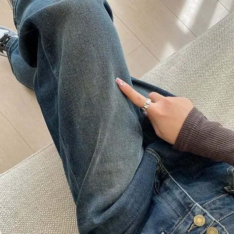 窄版阔腿牛仔裤女春秋季2024年新款高腰显瘦设计感双扣直筒拖地裤图片