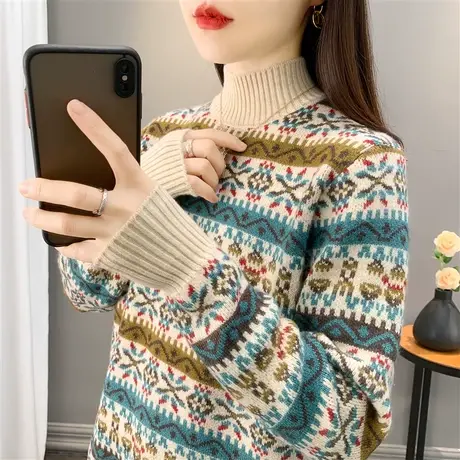 复古提花半高领毛衣女厚秋冬新款套头洋气内搭针织打底衫保暖上衣商品大图