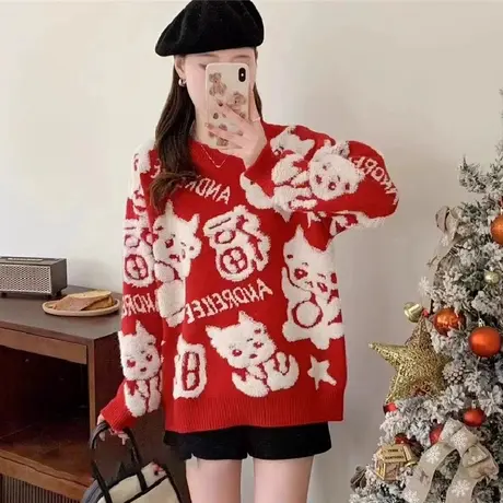 本命年龙年毛衣女秋冬2024新款红色慵懒风加厚女士跨年针织毛衣女商品大图