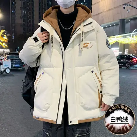 户外港风宽松羽绒服男冬天新款假两件连帽外套青少年保暖防寒服图片