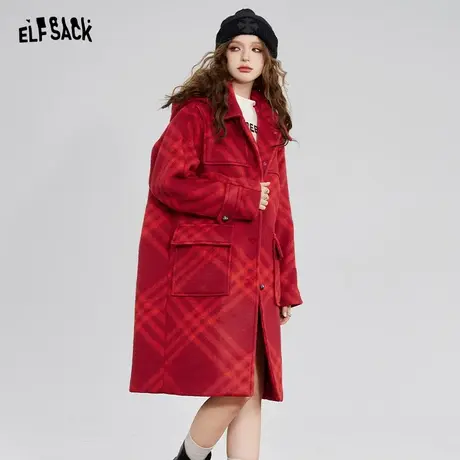 妖精的口袋长款毛呢外套女2023冬季新款红色格纹毛呢大衣新年战袍图片