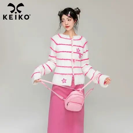 KEIKO 软糯粉白撞色条纹毛衣2023秋冬韩系仿马海毛甜辣妹针织开衫商品大图