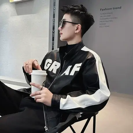 字母皮衣外套2023春秋季新款潮流拼色网红炸街痞帅机车服夹克上衣商品大图