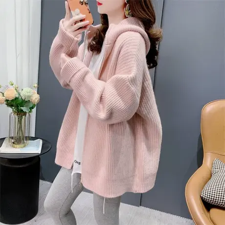 宽松慵懒风休闲连帽毛衣开衫女秋冬2023新款加厚百搭针织外套上衣商品大图