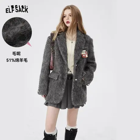妖精的口袋灰色中长款毛呢外套女2023冬季新款小个子收腰呢大衣图片