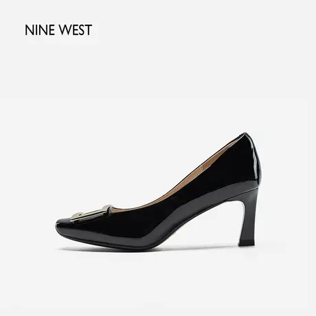 Nine West/玖熙漆皮方扣优雅通勤单鞋2024年春季新款小方头高跟鞋图片