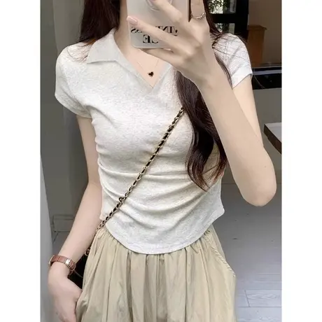 短款小个子V领半袖T恤女夏季韩版修身显瘦纯棉翻领POLO衫上衣短袖商品大图