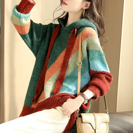 宝诗黎软糯慵懒撞色毛衣春新款连帽宽松针织衫女内搭2024套头上衣图片