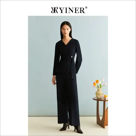 YINER音儿女装冬季法式优雅绵羊毛衬衫小蛮腰收褶V领上衣商品大图