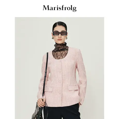 #多巴胺穿搭# 玛丝菲尔短外套春季新款粉色无领收腰短外套女商品大图