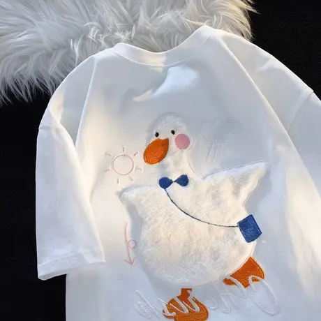 纯棉可爱毛茸茸鸭子短袖t恤女2023年新款夏季设计感宽松学生上衣商品大图