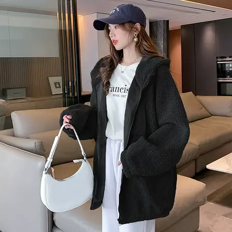 唐狮仿羊羔绒外套女士秋冬款韩版宽松连帽开衫短外套上衣简约百搭图片