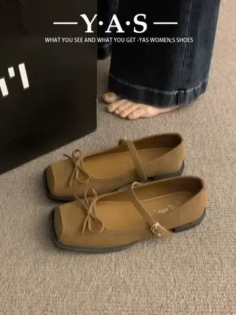 复古玛丽珍鞋2024年春季新款韩版蝴蝶结方头浅口单鞋女平底小皮鞋商品大图