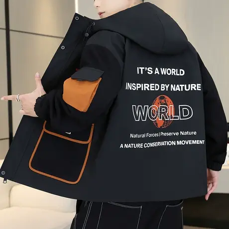 青少年学生外套男2023秋季新款工装夹克潮流拼料撞色休闲帅气上衣商品大图