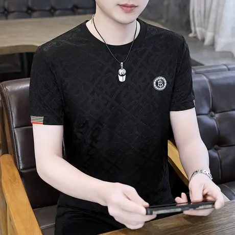 2024新款冰丝短袖T恤男潮流时尚休闲百搭半袖体恤潮牌男装上衣服商品大图