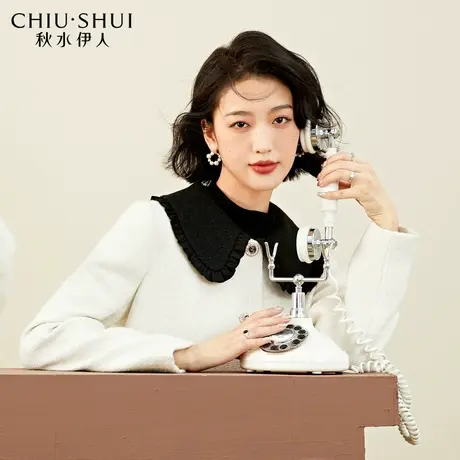 秋水伊人优雅小香风娃娃领短外套2023冬装新款女撞色翻领短款上衣图片