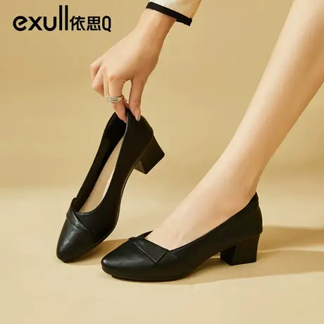 依思q女鞋2023新款秋季法式女平底一脚蹬浅口粗跟真皮软底方头鞋商品大图