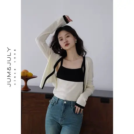 嘉茱莉2023秋季新款撞色针织开衫女小众外搭罩衫薄款小个子针织衫商品大图