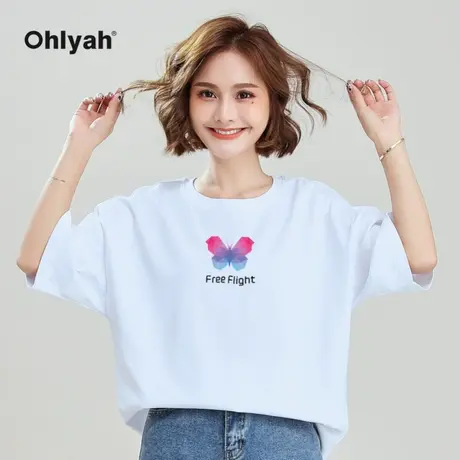 Ohlyah品牌 蝴蝶t恤女短袖国潮白色纯棉圆领洋气印花学生闺蜜上衣商品大图