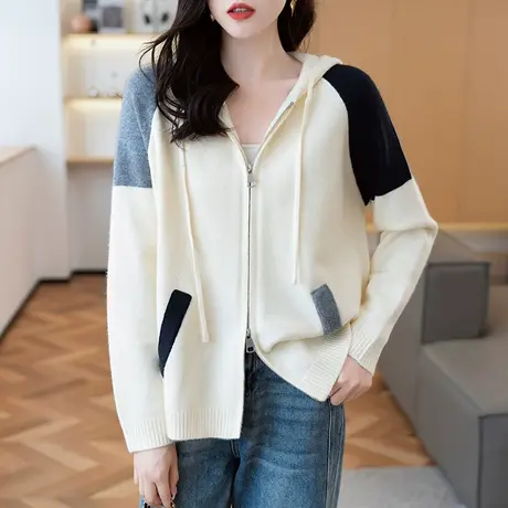 连帽拉链针织开衫外套女拼色秋季卫衣2023新款秋装上衣高级感毛衣商品大图