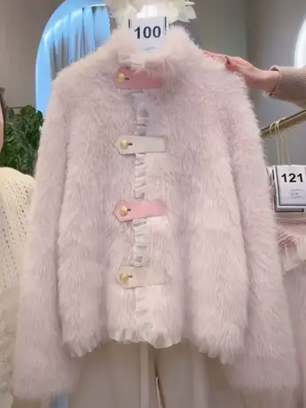 超仙甜美仙女外套韩版宽松木耳边拼接皮草绒立领保暖针织开衫毛衣图片