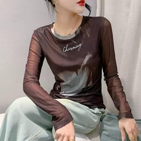 网纱打底衫女内搭2023秋新款修身百搭时尚T恤设计感印花上衣长袖商品大图
